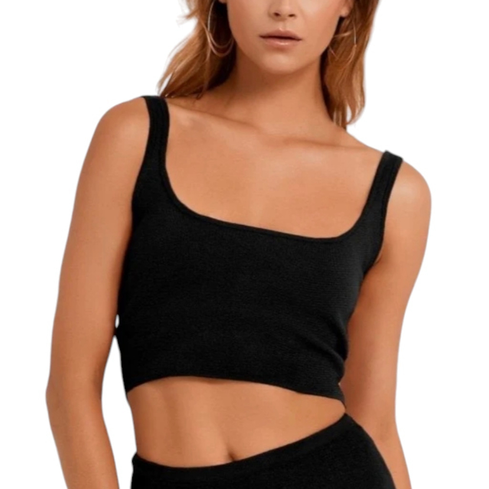 Lulu's University Ribbed Crop Top Sz M Black Soft Stretchy Comfy Casual NWT